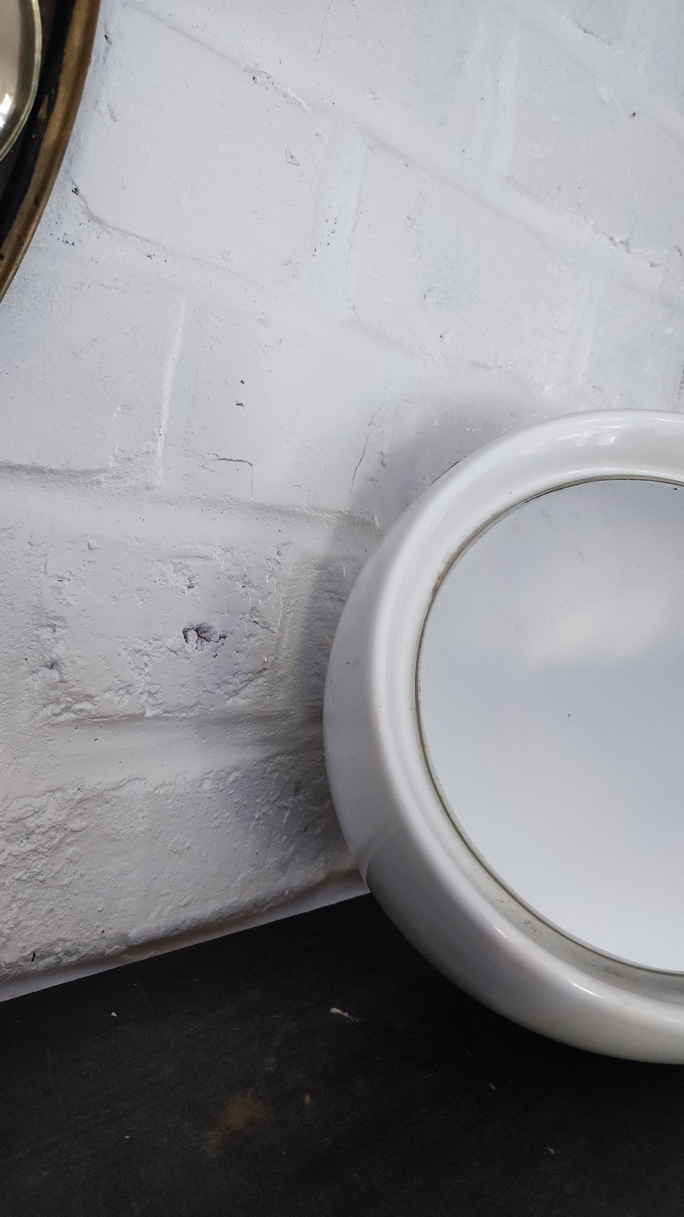 White Ceramic Table Mirror Weighted in a Space Age Ball Shape