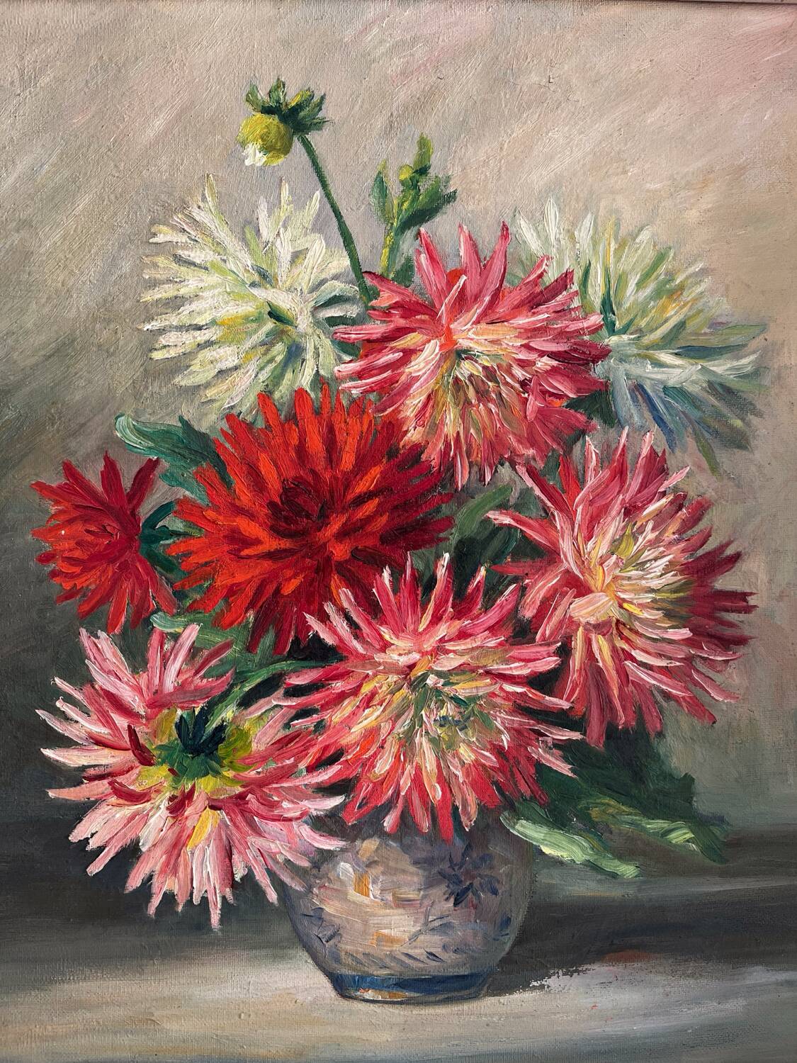 Peinture ancienne tableau huile sur toile fleurs dahlias 