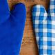 Gloves, overalls, blue bistro checks