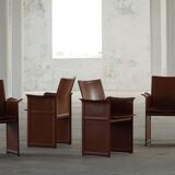 Ensemble de 4 fauteuils en cuir marron/rouge, Tito Agnoli, moderne italien, années 1970