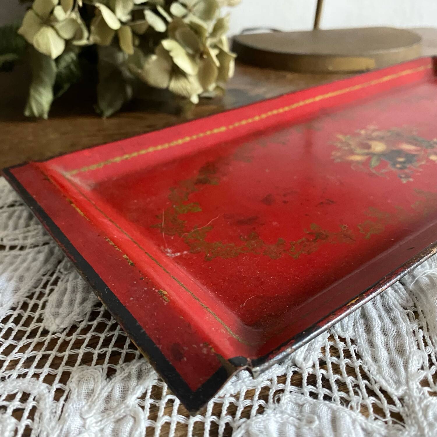 Antique metal tray with painted flowers
