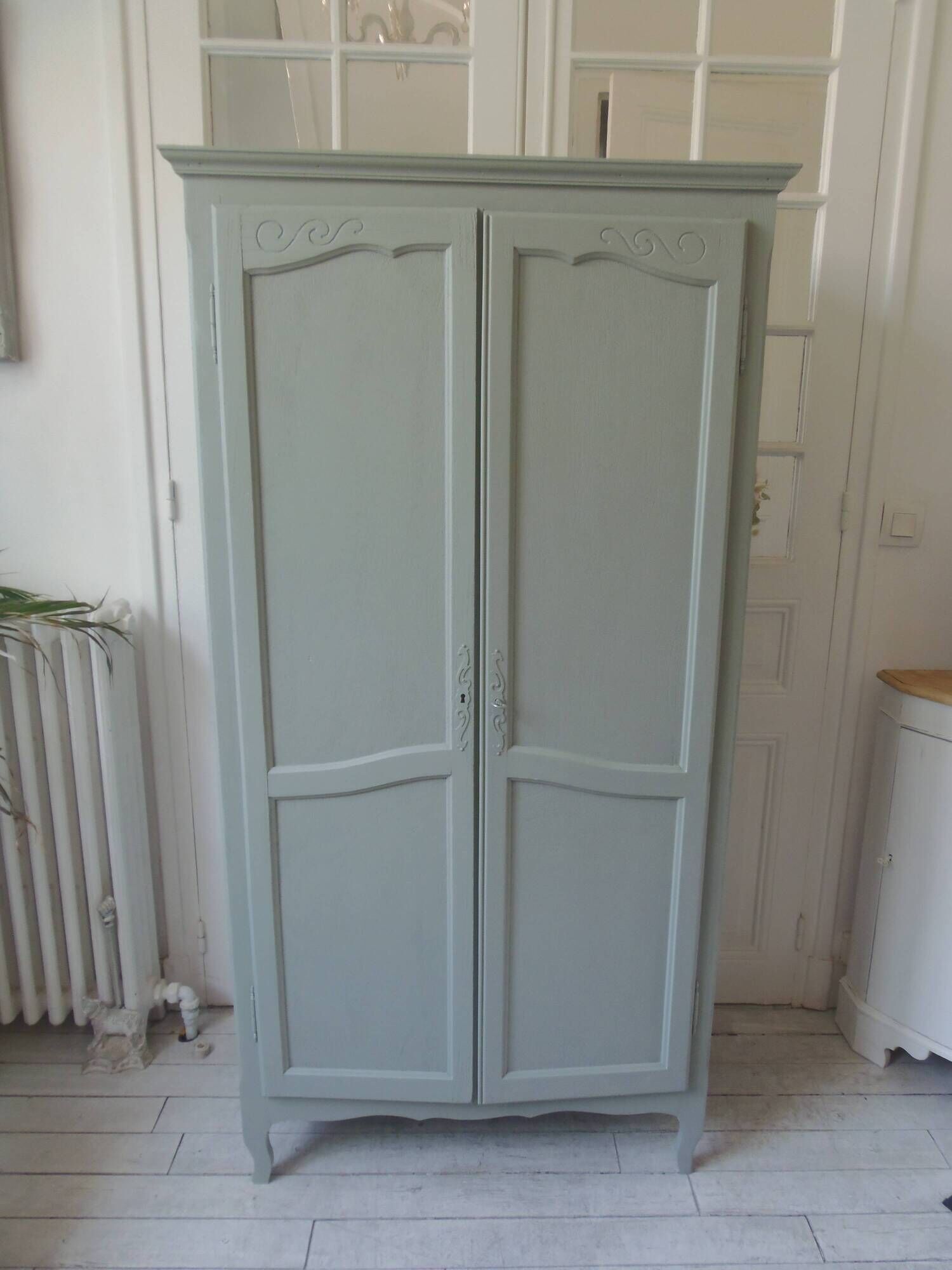Wardrobe, dresser, vintage linen 2 doors green gray waxed finish.