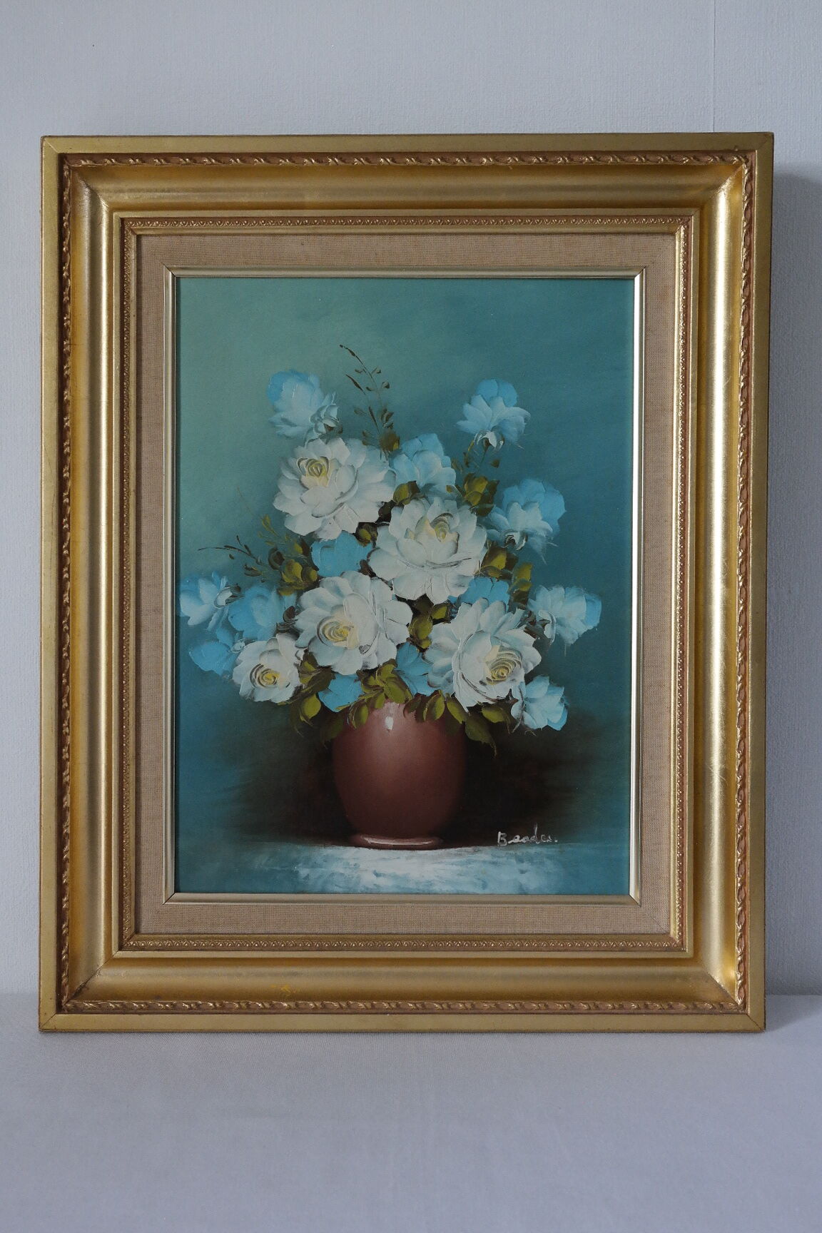 Tableau huile sur toile bouquet de fleurs ton bleu