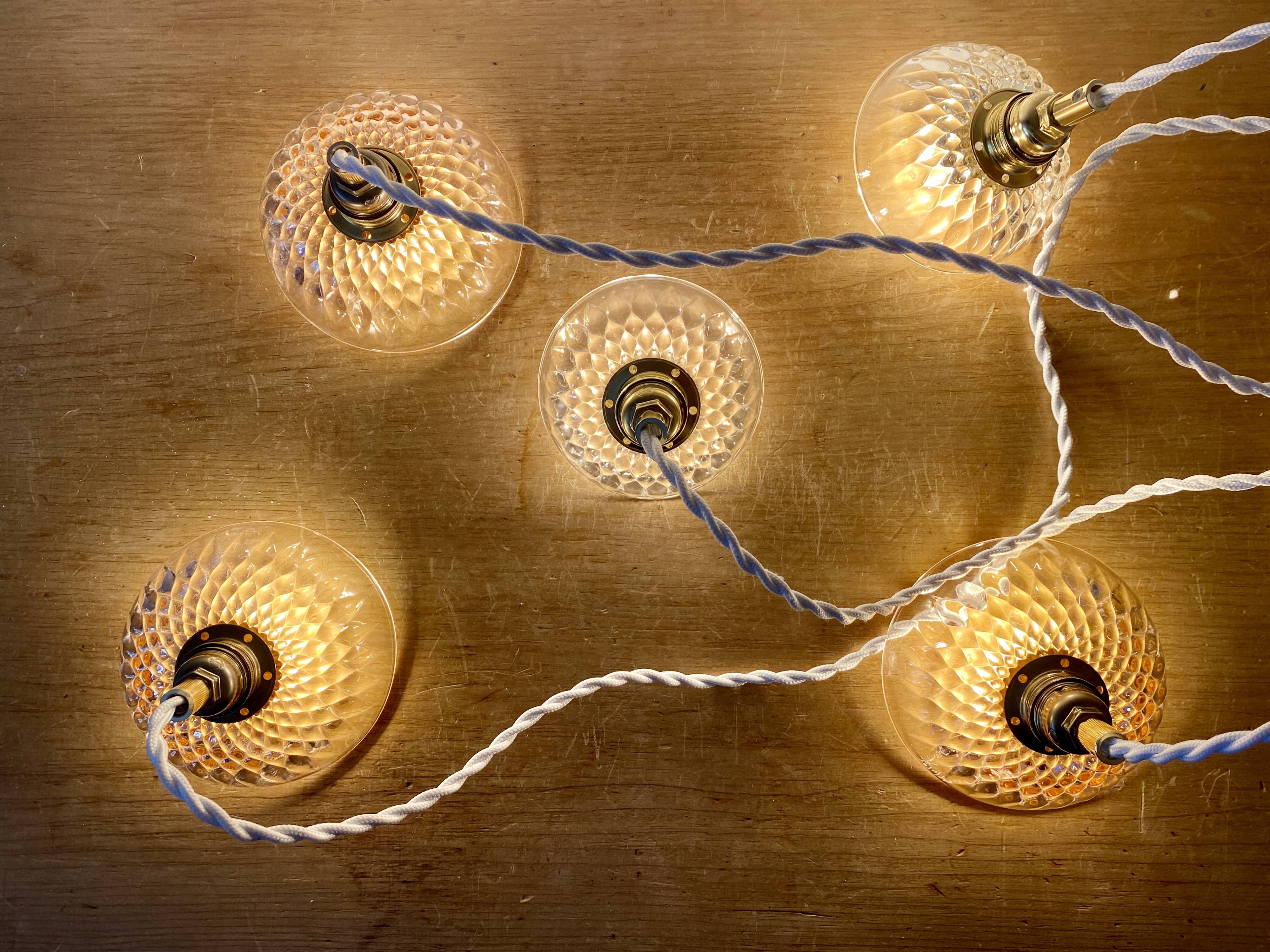 5-light waterfall pendant light with vintage pink and transparent glass shades