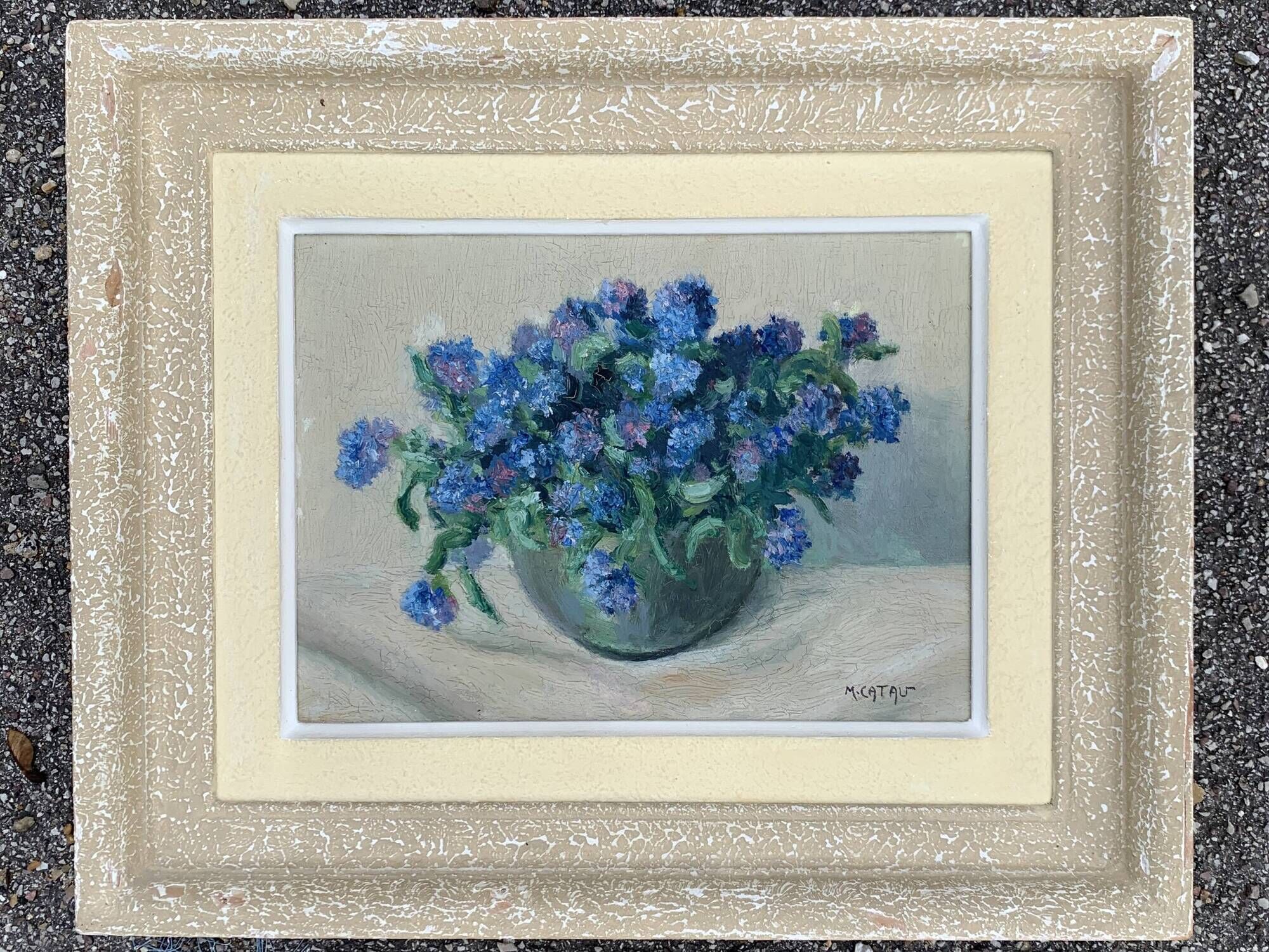 Table Painting on cardboard still life bouquet Maurice Catau Nancy 1954