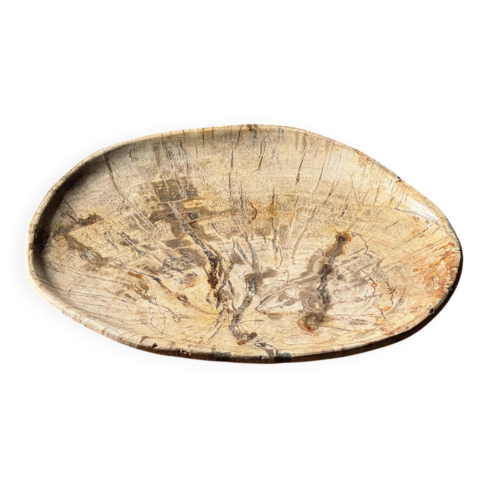 Small beige oval petrified wood dish or tray with crystals.