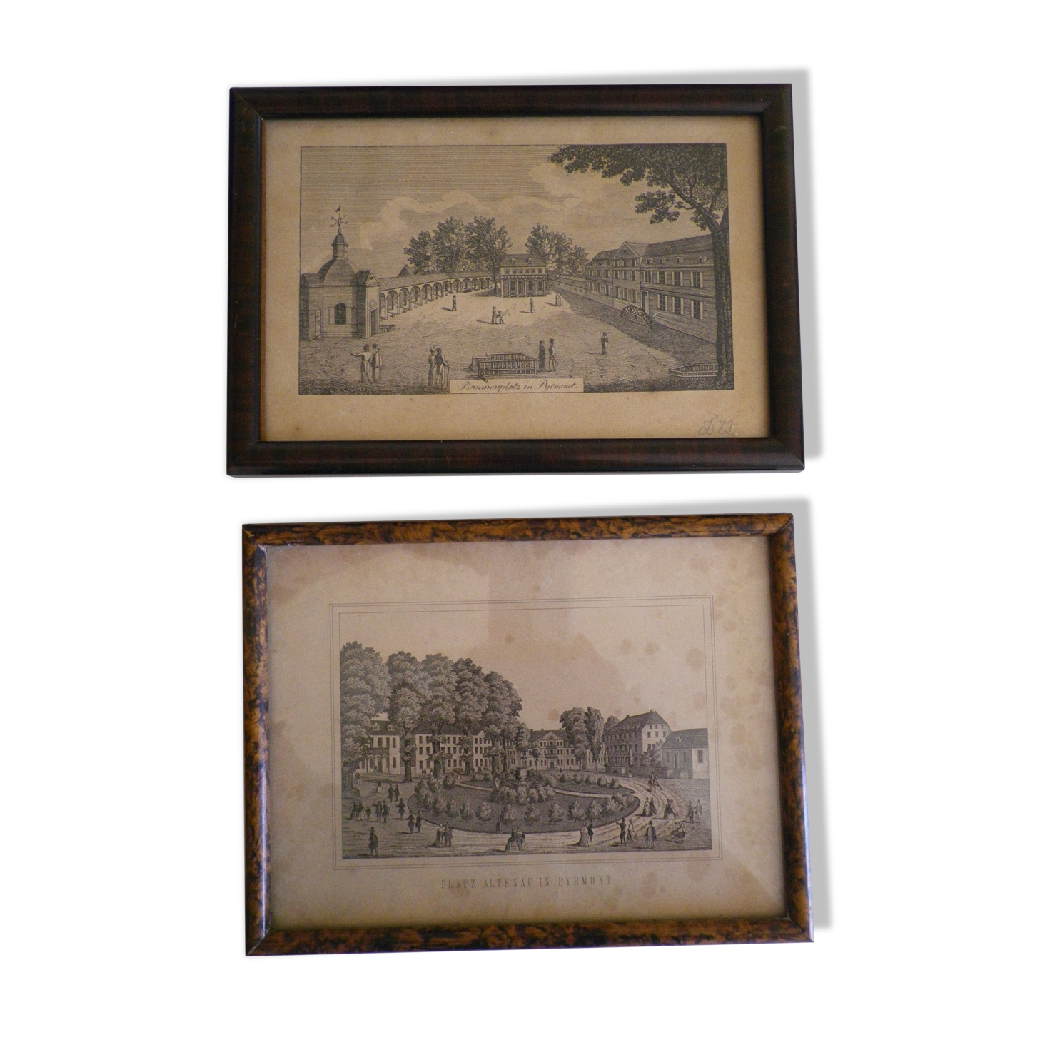 2 old black and white views with framing circa 1820 - Pyrmont in Germany