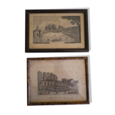 2 old black and white views with framing circa 1820 - Pyrmont in Germany