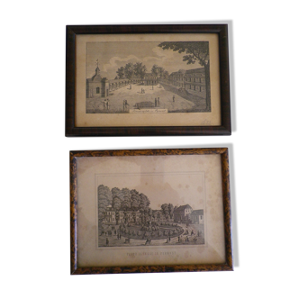 2 old black and white views with framing circa 1820 - Pyrmont in Germany