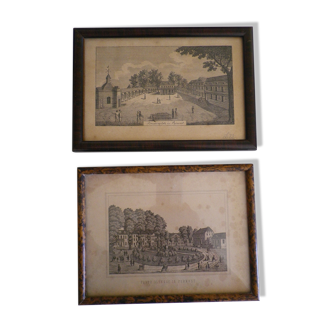 2 anciennes vues en noir et blanc avec encadrement vers 1820 - Pyrmont en Allemagne