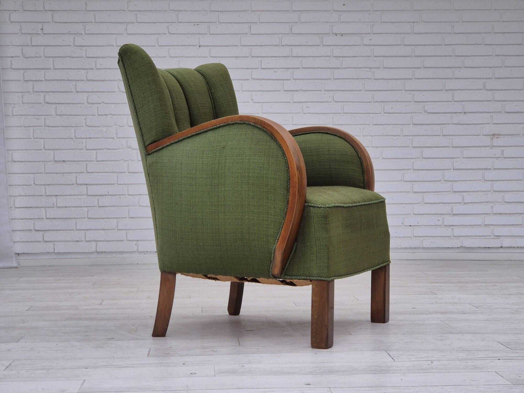 1950s, Danish artdeco armchair, green furniture wool, beech wood, original.