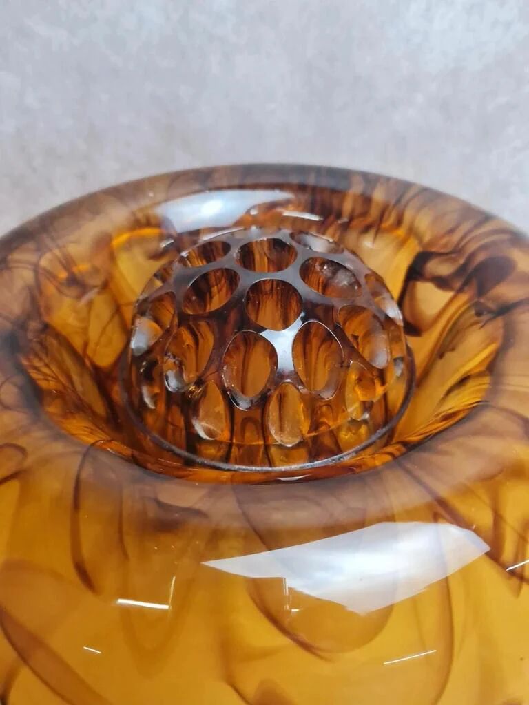 Art Deco Davidson "Cloud Glass" amber centrepiece bowl – vintage English flower holder