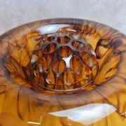 Coupe centre de table Art Déco Davidson « Cloud Glass » ambré – pique-fleurs vintage anglais