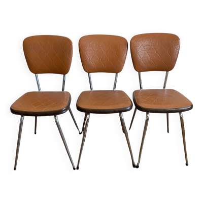Suite de trois chaises vintage des années 70 en tube d'acier chromé et skaï