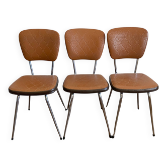 Suite de trois chaises vintage des années 70 en tube d'acier chromé et skaï