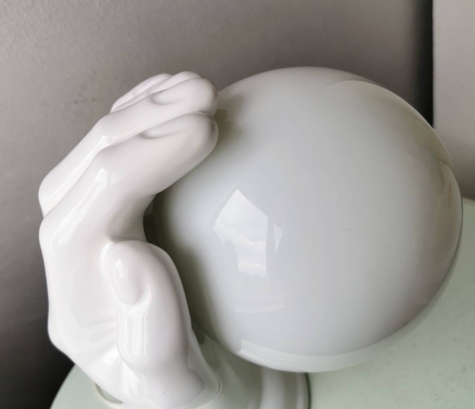 Hand-shaped vintage ceramic table lamp or lamp with a 1980s white glass ball