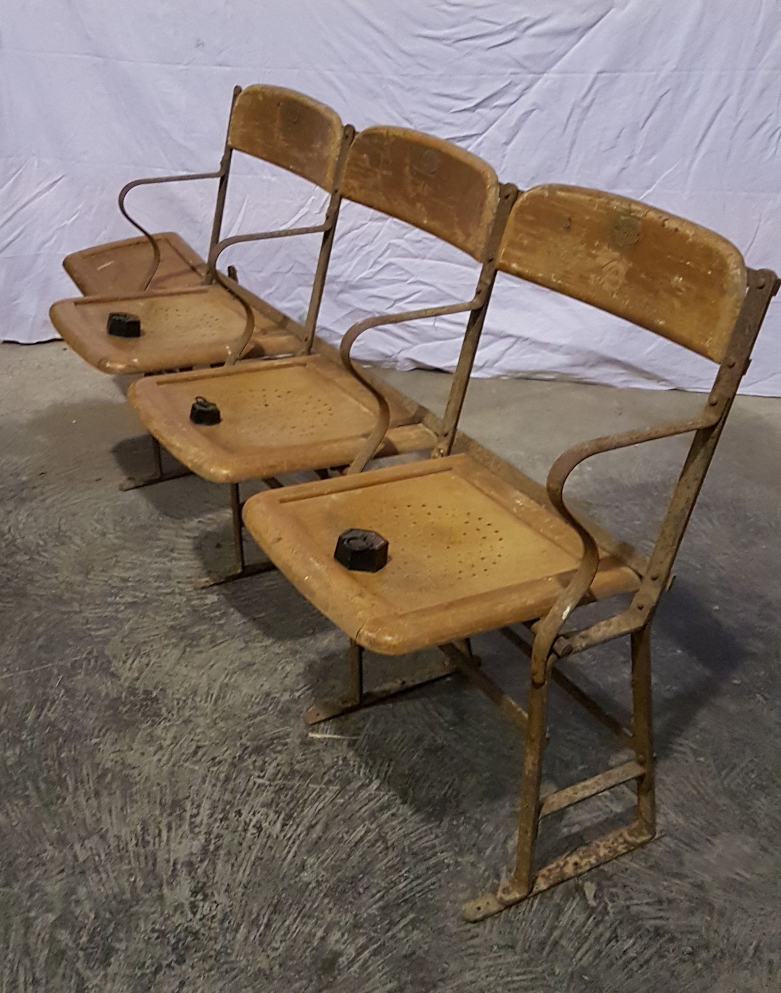 Luterma antique theatre bench circa 1930, vintage wrought iron cinema bench