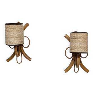 Pair of Louis Sognot rattan wall lights