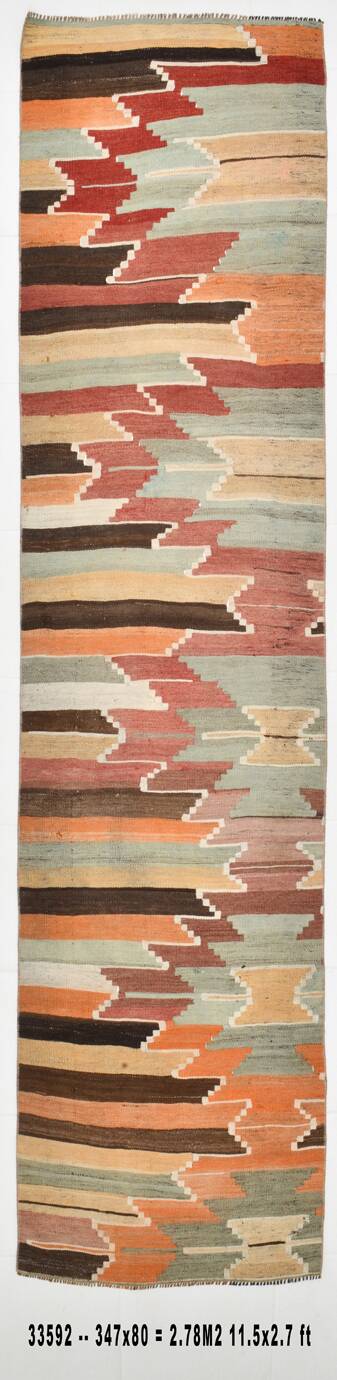 Tribal Pattern Vintage Kilim Runner Rug, 80x347Cm