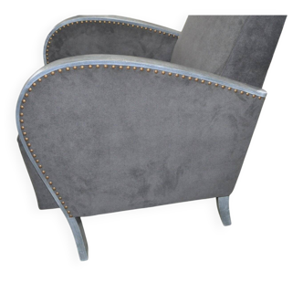 Art Deco grey armchair in fabric and silver-painted wood with brass studs, 1930s