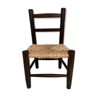 Chaise enfant en bois avec assise en paille vintage