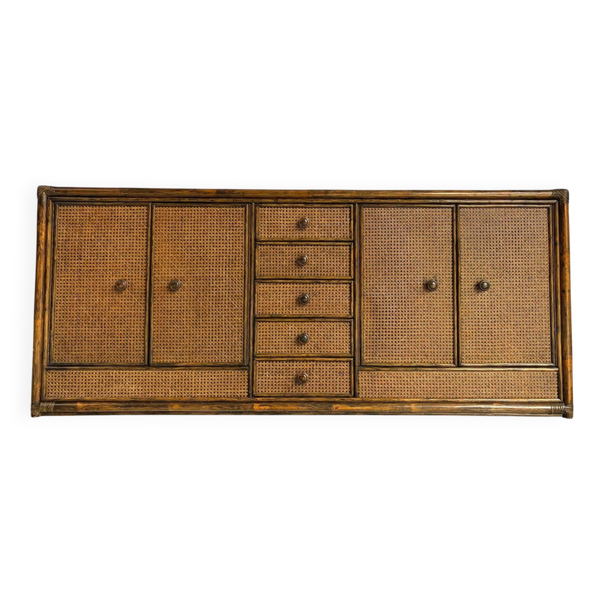 Buffet vintage en rotin et travertin, années 1960