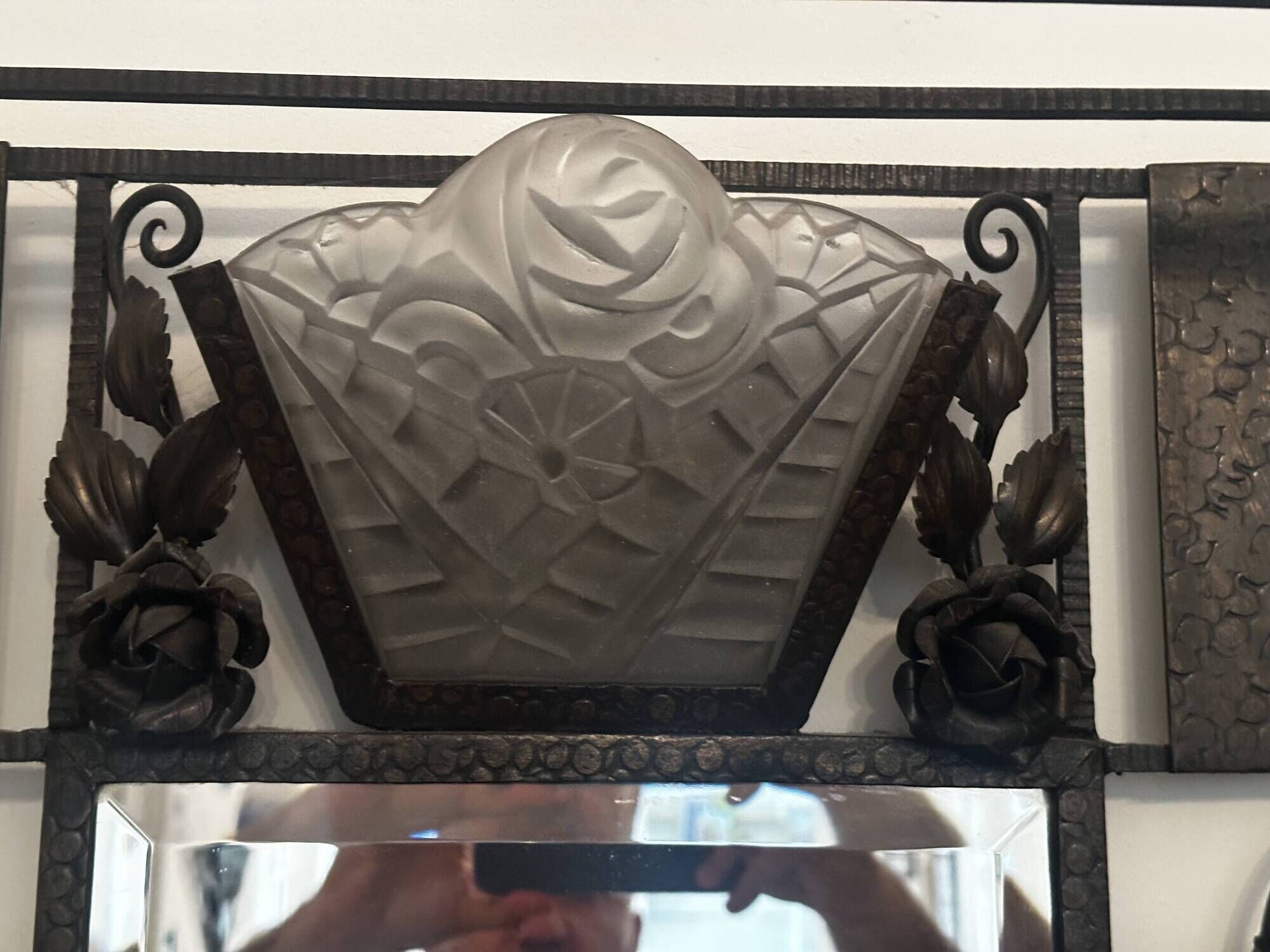 Art deco wrought iron coat rack and Degue lamp