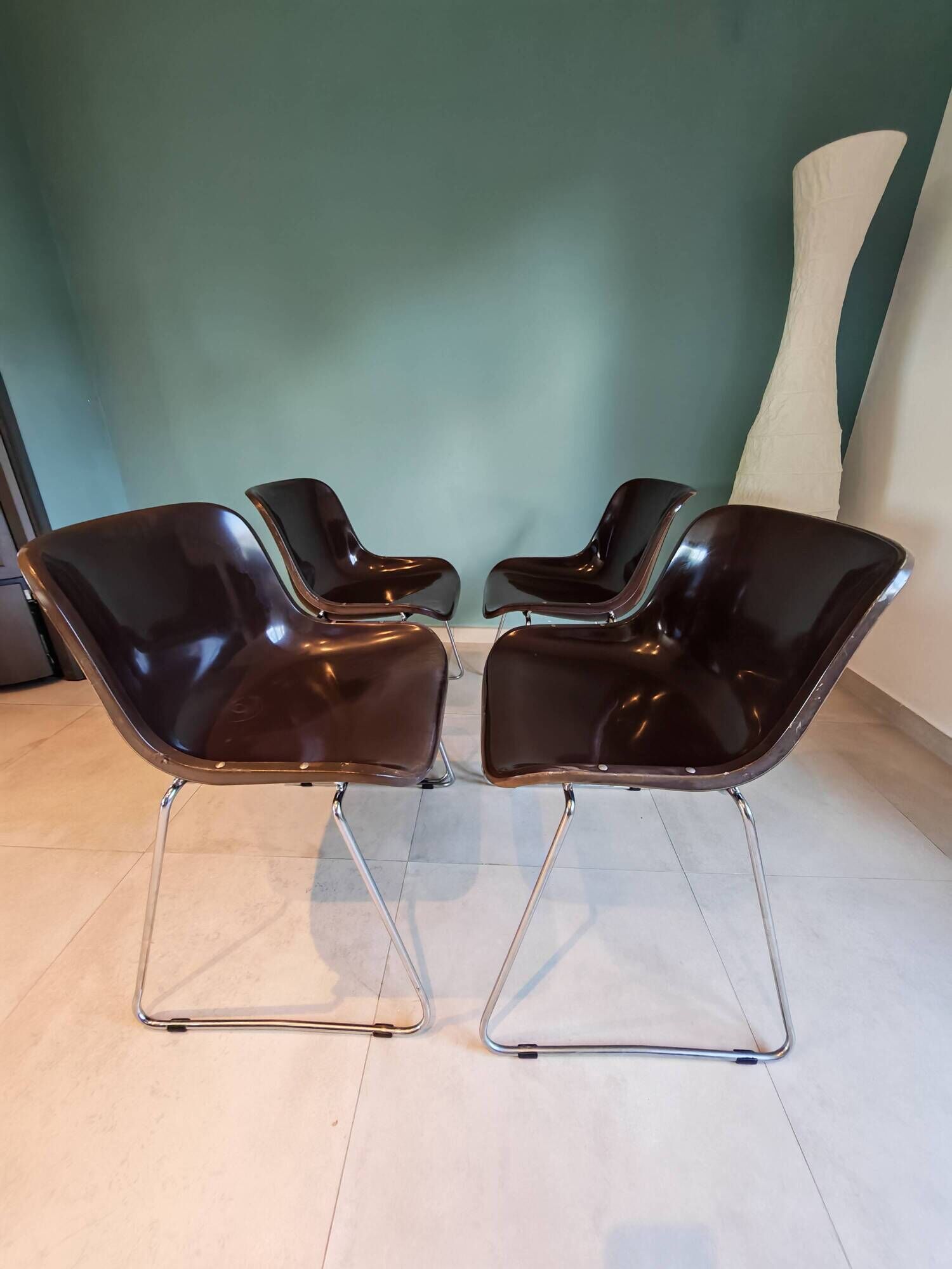 4 Vintage Space Age Chocolate Brown & Chrome Chairs 1970