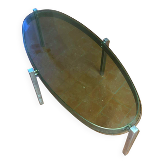 Table basse ovale en verre et sur support chromé année 70