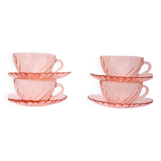 4 arcoroc transparent pink coffee cups and saucers