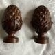 Set of 2 old pine cone shaped wooden tips