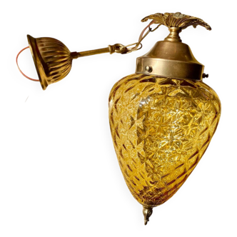 Pineapple chandelier in amber glass and brass 1960