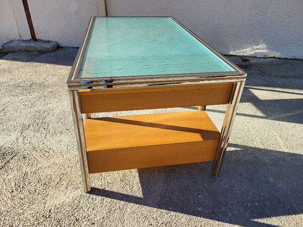 Bureau vintage design verre chrome double face en hêtre