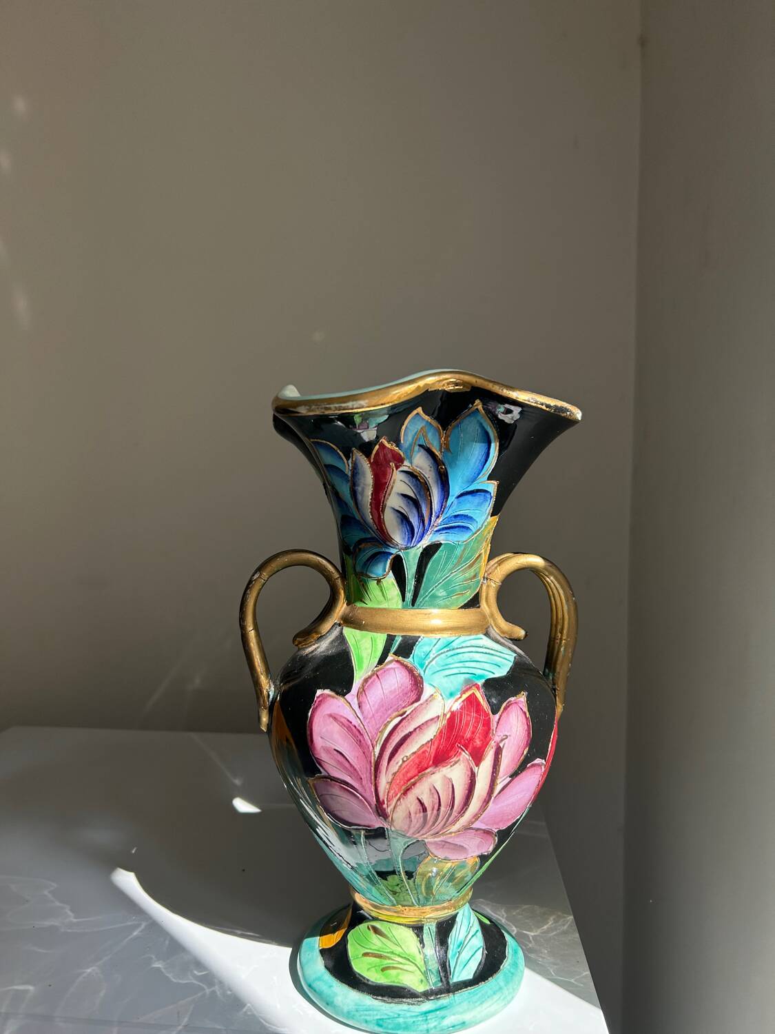 Handled ceramic vase from Vallauris, signed