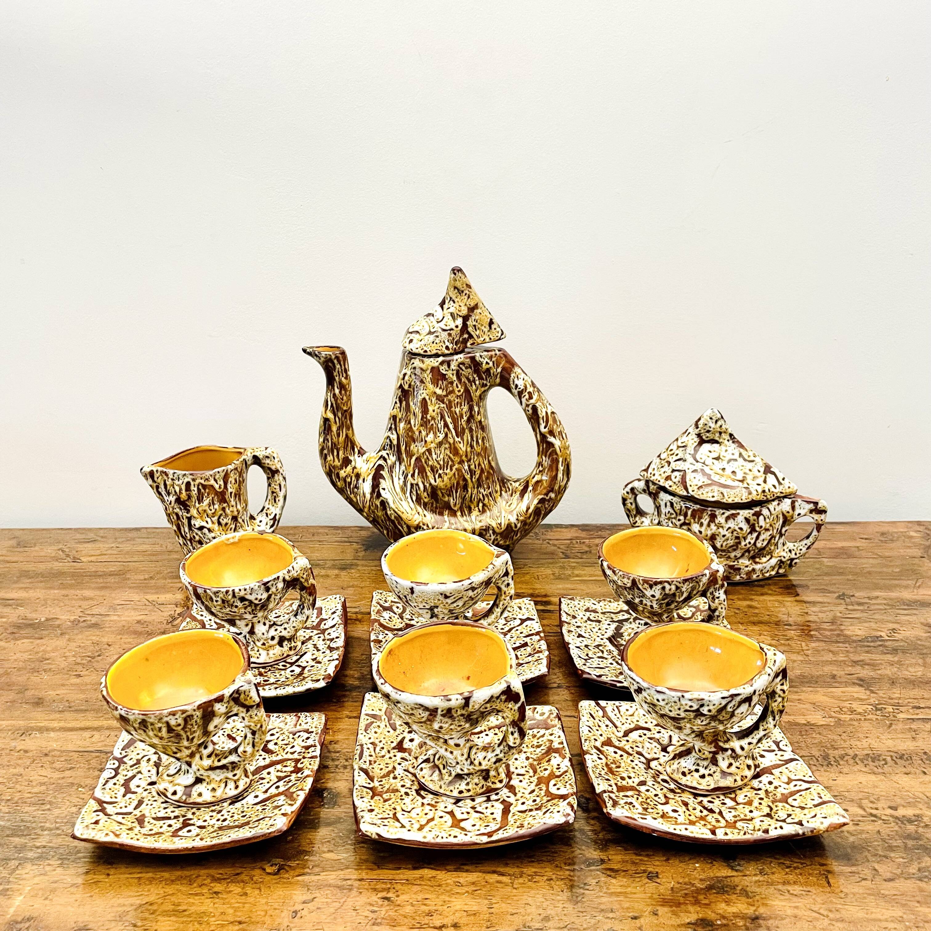 Rare Vallauris ceramic coffee service Sculptural design and u enamel