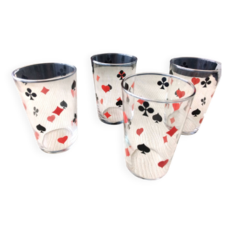 4 Old screen-printed glasses on the theme of playing cards