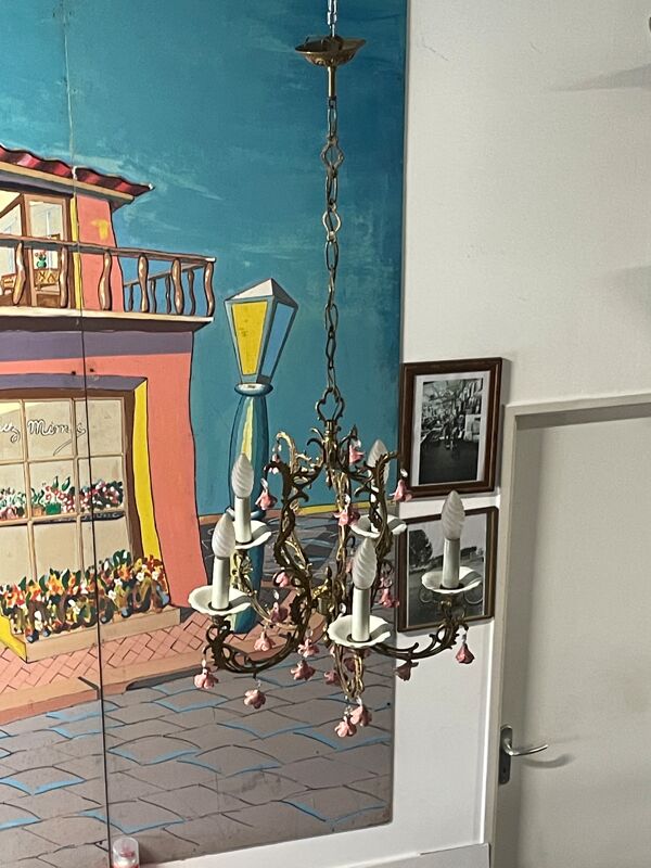 Lustre bronze et porcelaine 5 feux