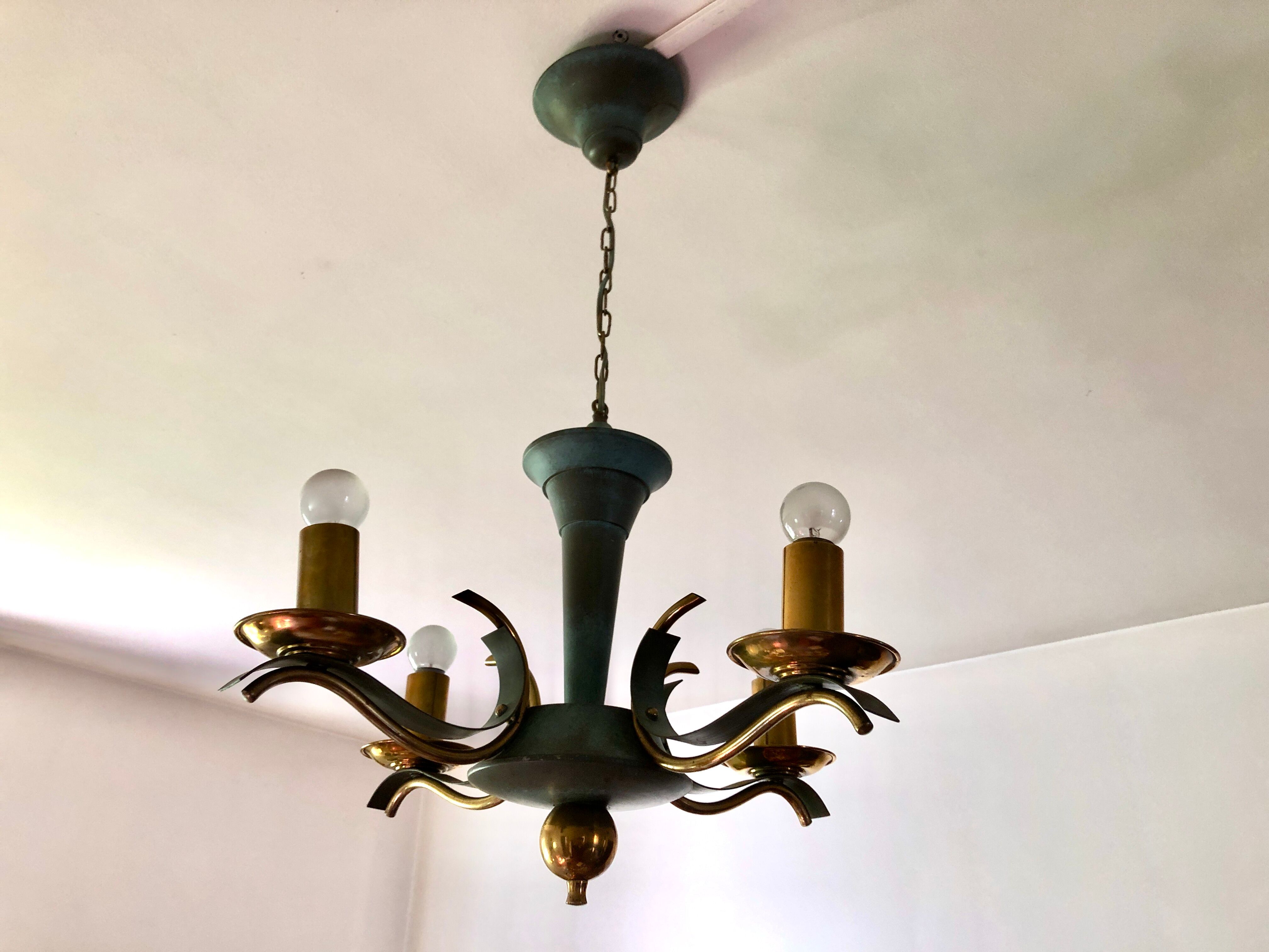 Celadon green modernist chandelier and solid brass
