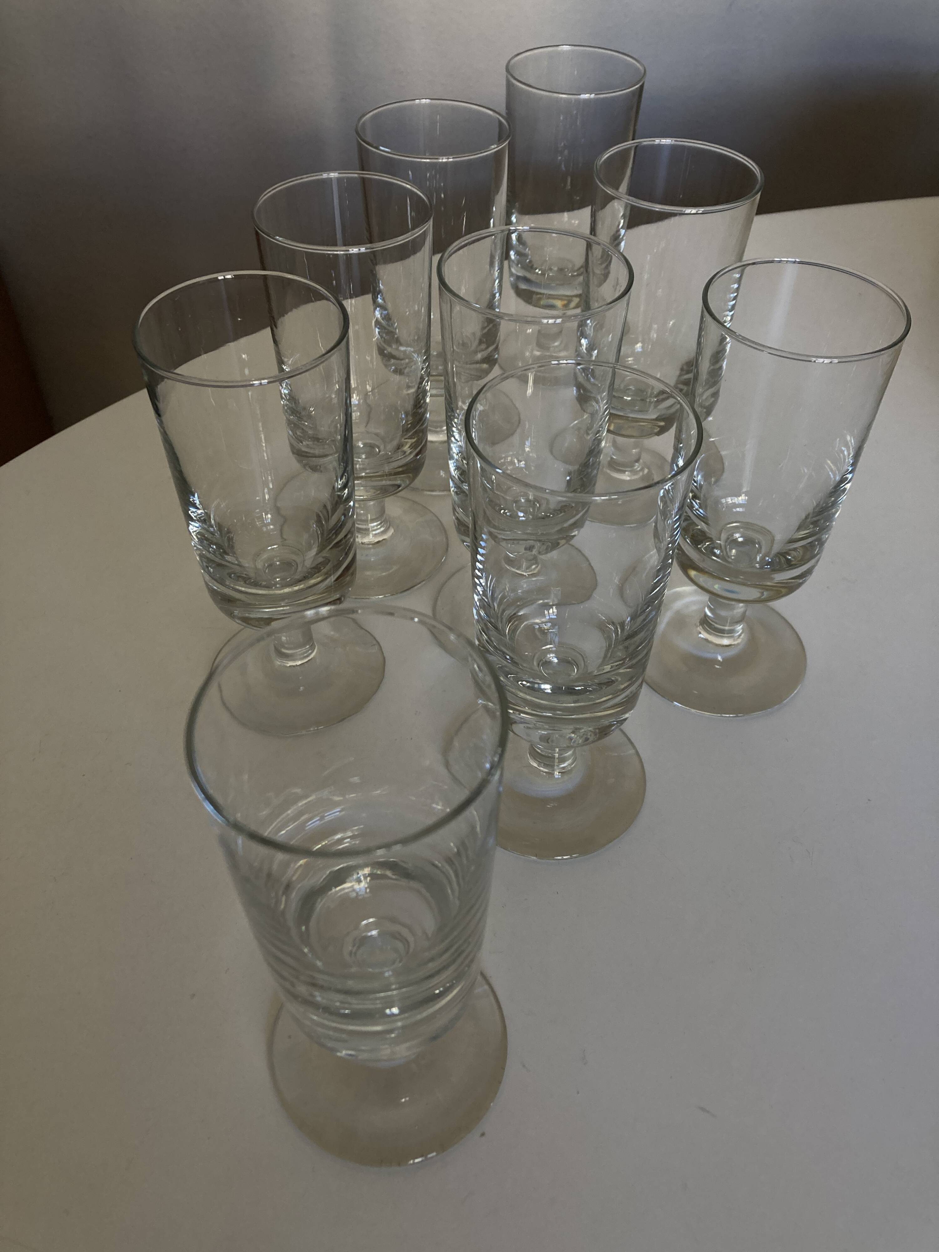 Set of 9 modernist half crystal water wine roller glasses 1960
