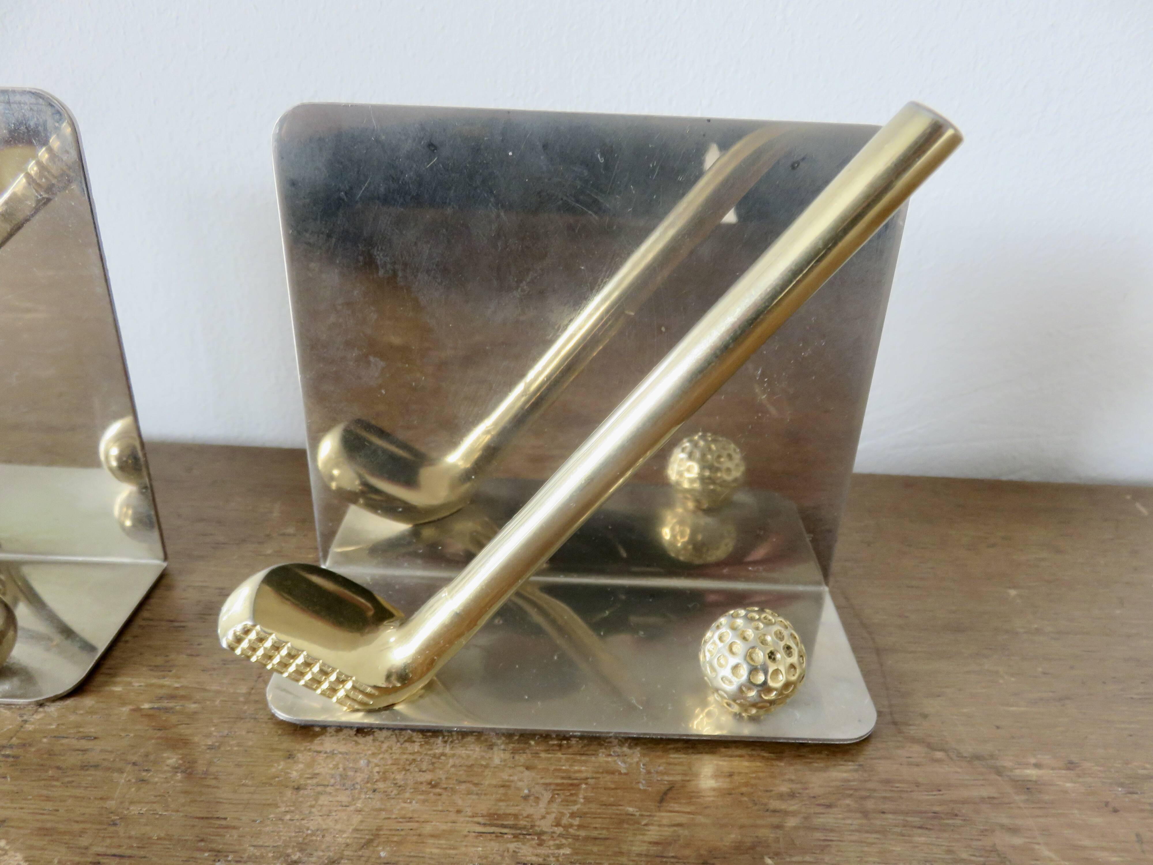 Serre livres en métal chromé et laiton "tennis & golf" années 70