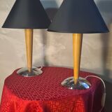Pair of Scandinavian style bedside lamps in wood and chrome metal, electric ok, 40x25.