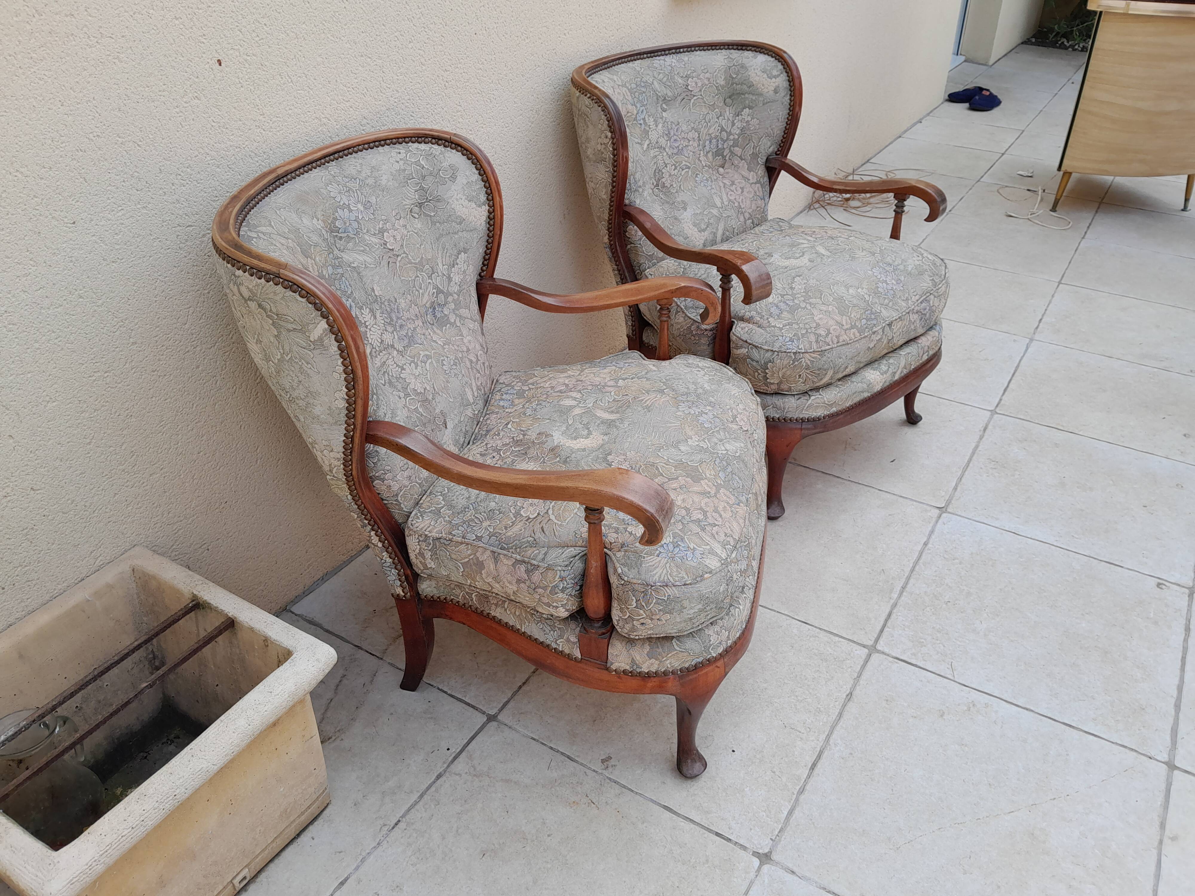 Pair of vintage antique bergère armchairs