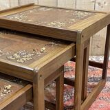 Set of 3 teak nesting tables from the 1970s, tiled top