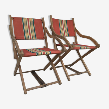 Paire de chaises de plage pliantes type transat vintage - 1960