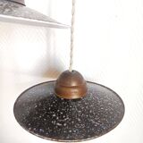 Pair of vintage enamelled sheet metal industrial pendant lights