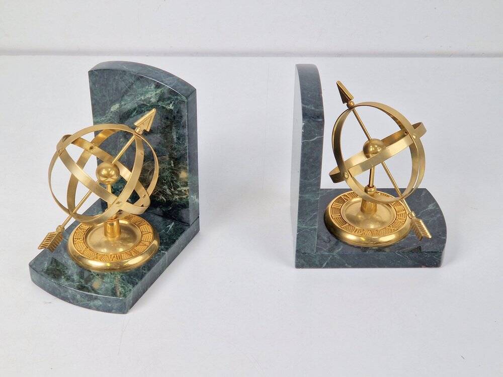 Nautical Brass & Marble Sundial Bookends, Set of 2