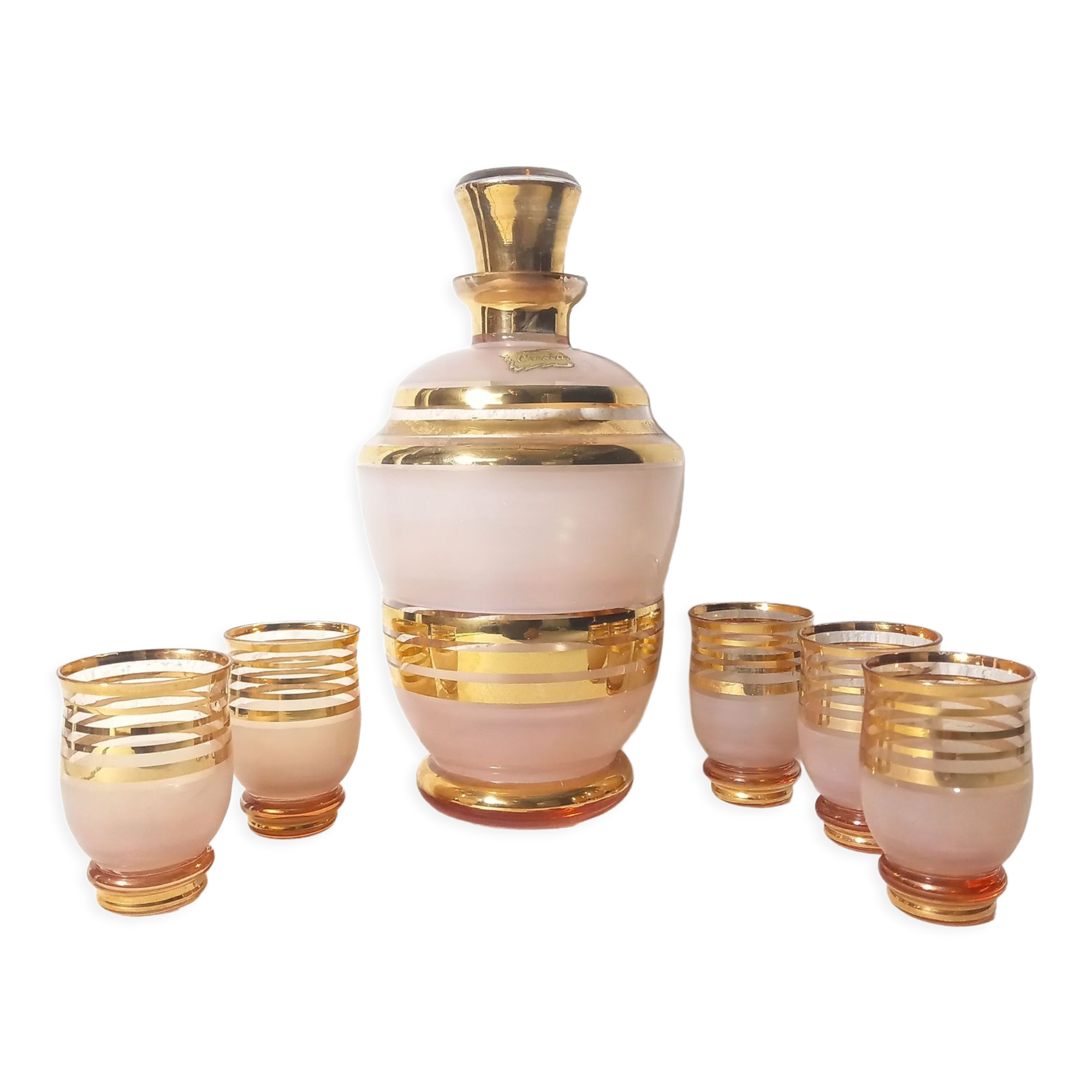 Service à liqueur art déco en verre dépoli rose