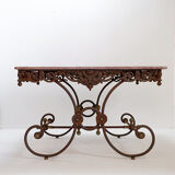 Large 19th-century French butcher's table in wrought iron and red marble