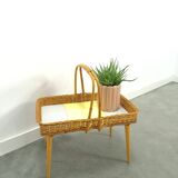 Rattan vintage tray on legs with yellow formica, fruit basket