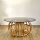 Designer round coffee table in rattan and smoked glass 1970